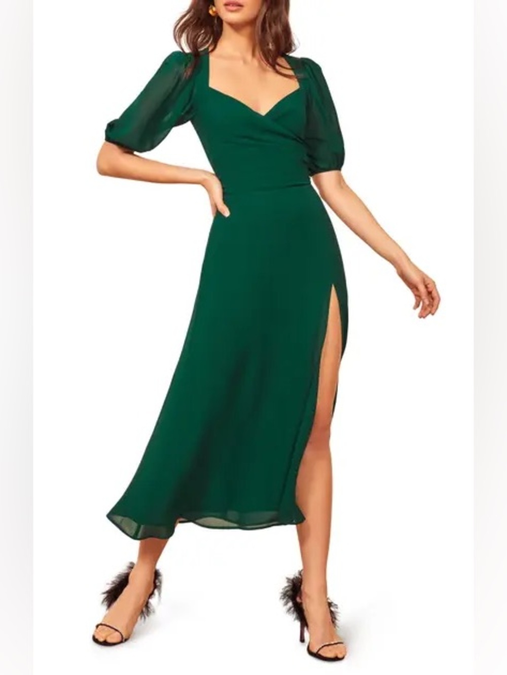Reformation Wildflower Open Back Side Slit Dress in Emerald Green, Size 2